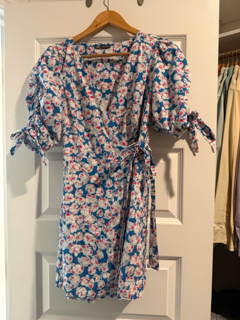 Zara Blue Floral Tie-Waist Mini Dress